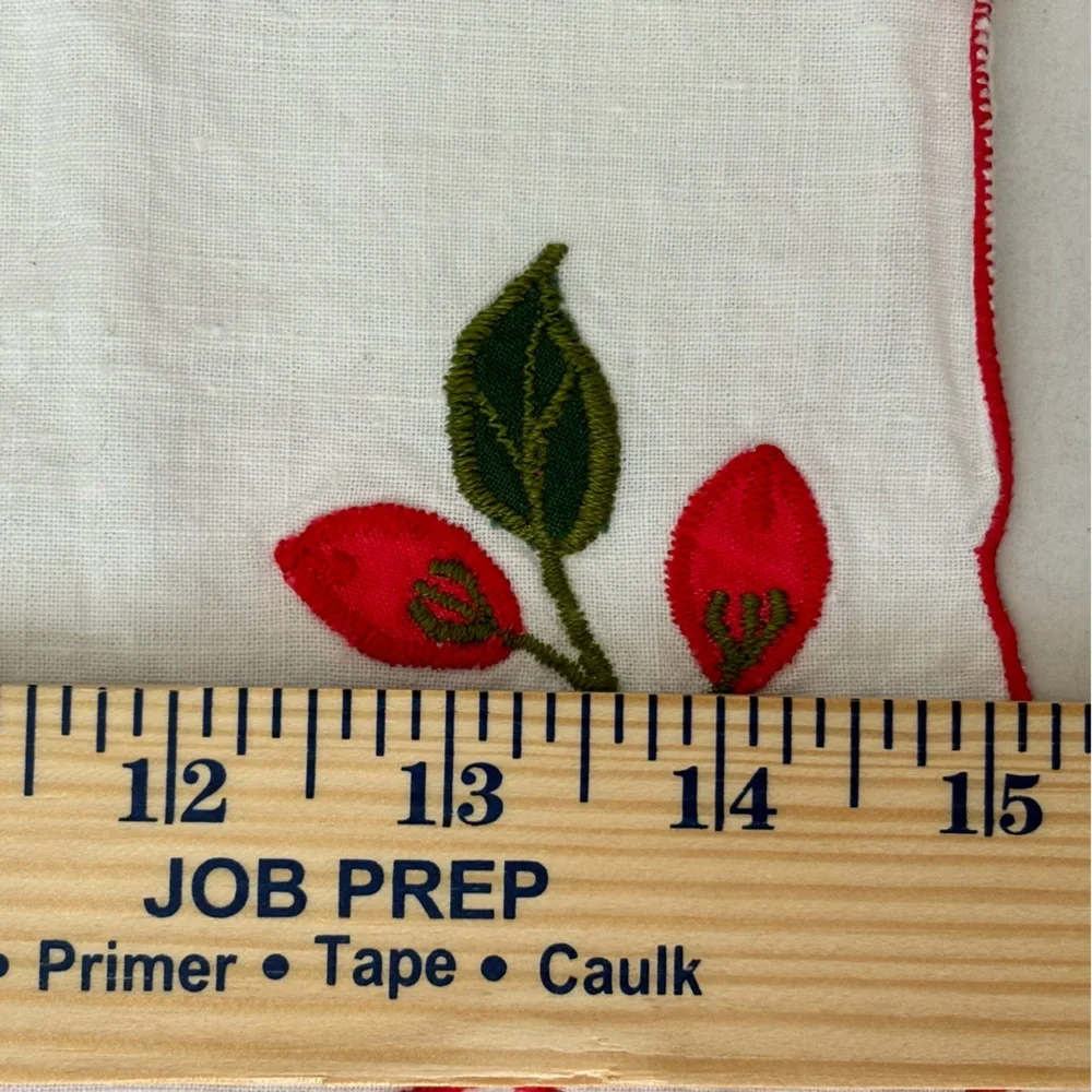 Vintage Napkins Embroidered Cloth White Red Rose Floral 4 Retro Holiday 50s Goth